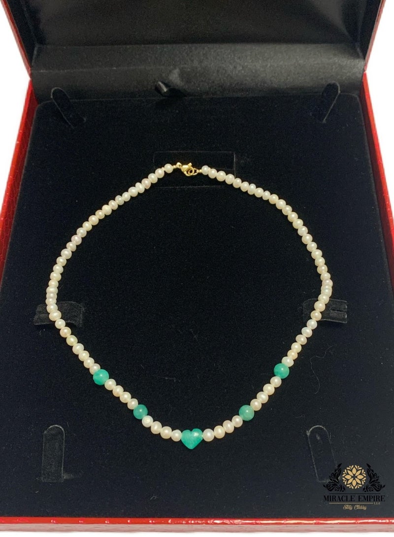 Miracle Empire Unique And Exclusive Woman Necklace Girls Teens Handmade Of Natural 6-7mm Pearls, 5 Emeralds, Middle Heart Shape A 18k Gold Plated Clasp.  - Image 1