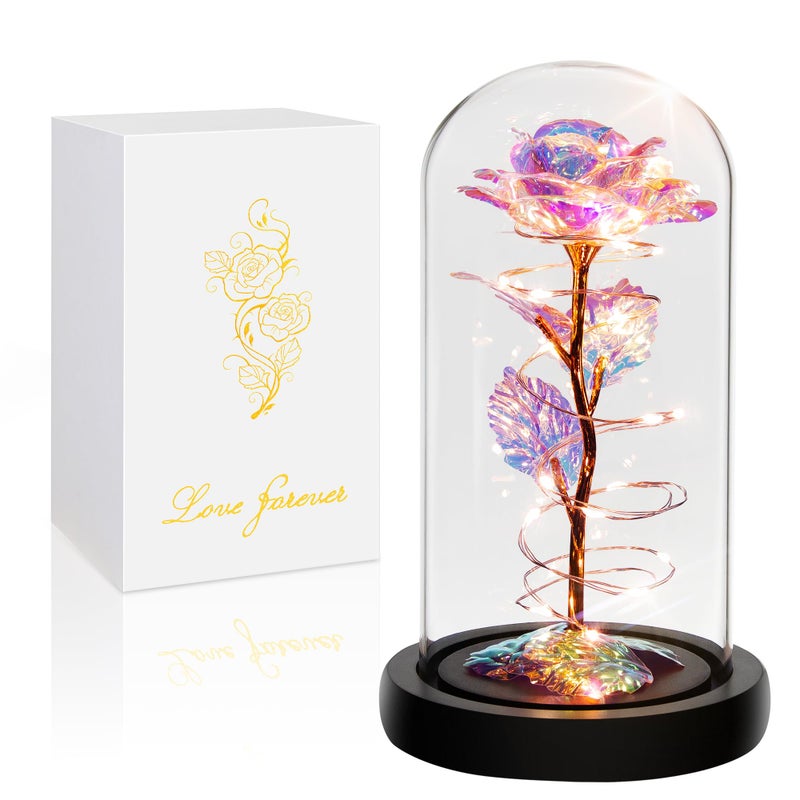 Childom Birthday Gifts For Women Rose Flower Gifts for Mom Womens Gifts for Christmas Colorful Rainbow Flower Rose Light Up Rose in A Glass Dome Xmas Gifts For Her Anniversary Valentines Wedding Gifts - Image 1