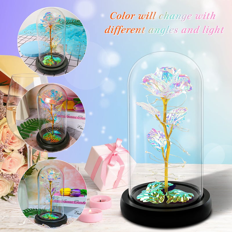 Childom Birthday Gifts For Women Rose Flower Gifts for Mom Womens Gifts for Christmas Colorful Rainbow Flower Rose Light Up Rose in A Glass Dome Xmas Gifts For Her Anniversary Valentines Wedding Gifts - Image 2