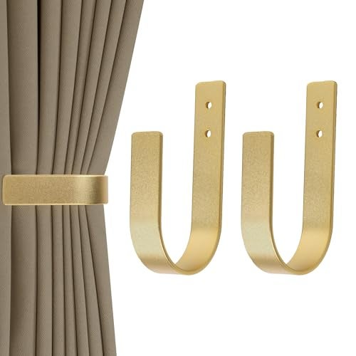 Groleca 2 Pack Modern Curtain Holdbacks Curtain Tiebacks Wall Mount Solid Aluminum U Shaped Curtain Wall Hooks Curtain Pull Backs Curtain Holders Curtain Tie Backs for Curtain (2, Gold) - Image 1