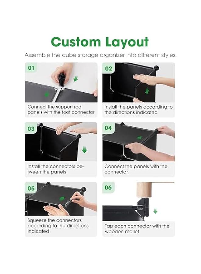 HOOKOR Cube Storage Organizer 6-Cube Closet Storage Shelves with Wooden Mallet DIY Closet Cabinet Bookshelf Plastic Square Organizer Shelving for Home, Office, Bedroom (Black) - Image 5