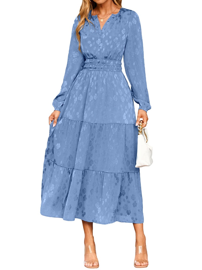 فستان بسيط للنساء بأكمام طويلة كاجوال أنيق للضيوف في حفلات الزفاف 2025 عصرية كبيرة زرقاء