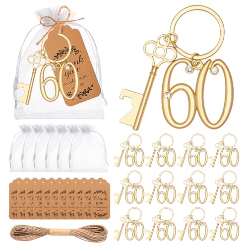 KBDHYY 24Pcs 60th Key Bottle Openers Keychain Bulk 60th Birthday Party Favors 60th Gold Beer Key Chain Ring Bottle Opener 60 Wedding Anniversary Return Gifts Party Decorations or Souvenirs for Guests - Image 1