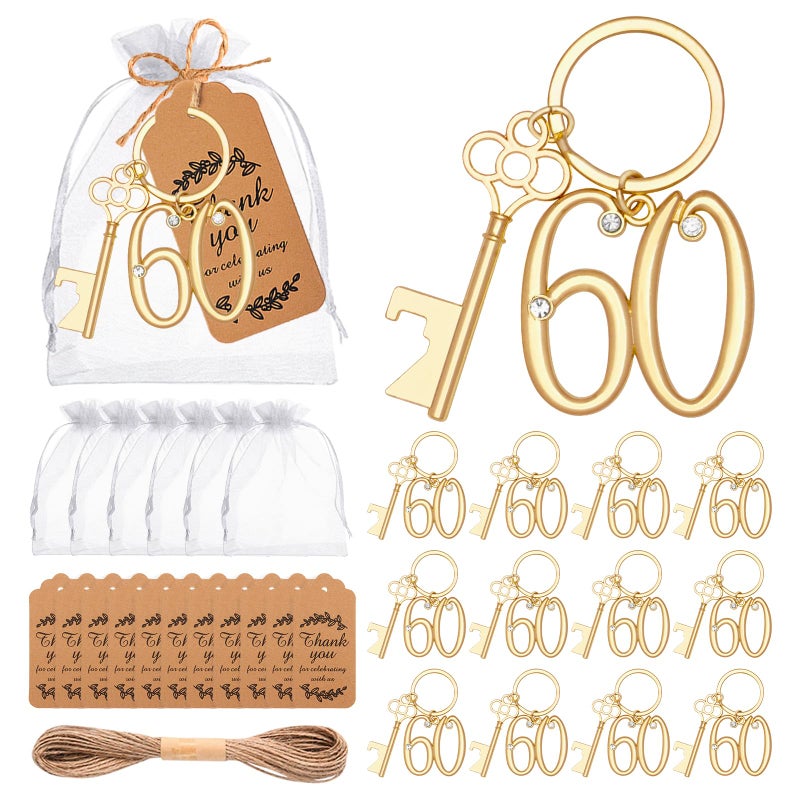 KBDHYY 24Pcs 60th Key Bottle Openers Keychain Bulk 60th Birthday Party Favors 60th Gold Beer Key Chain Ring Bottle Opener 60 Wedding Anniversary Return Gifts Party Decorations or Souvenirs for Guests - Image 2