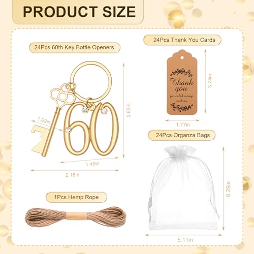 KBDHYY 24Pcs 60th Key Bottle Openers Keychain Bulk 60th Birthday Party Favors 60th Gold Beer Key Chain Ring Bottle Opener 60 Wedding Anniversary Return Gifts Party Decorations or Souvenirs for Guests - Image 3