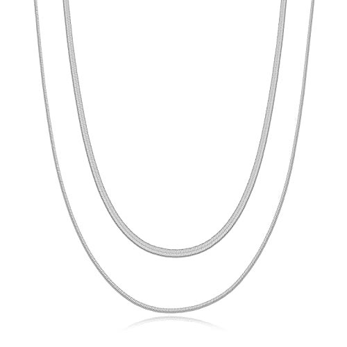 NUZON 2PCS Layered Sterling Silver Herringbone Choker Necklaces for Women Dainty Silver Plated Thin Double Flat Snake Chain Necklace Jewelry 153MMW 1618L - Image 1