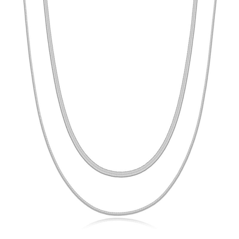 NUZON 2PCS Layered Sterling Silver Herringbone Choker Necklaces for Women Dainty Silver Plated Thin Double Flat Snake Chain Necklace Jewelry 153MMW 1618L - Image 2