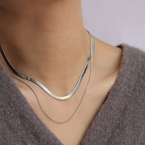 NUZON 2PCS Layered Sterling Silver Herringbone Choker Necklaces for Women Dainty Silver Plated Thin Double Flat Snake Chain Necklace Jewelry 153MMW 1618L - Image 3