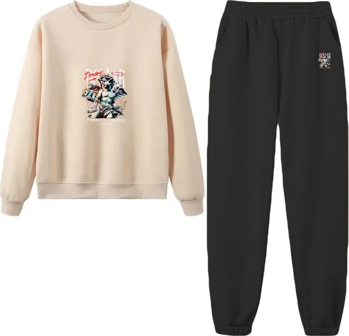DogFish Tracksuit Set Oversize Dollardreams Printed Tracksuit Set,lover,couple Combination Beige
