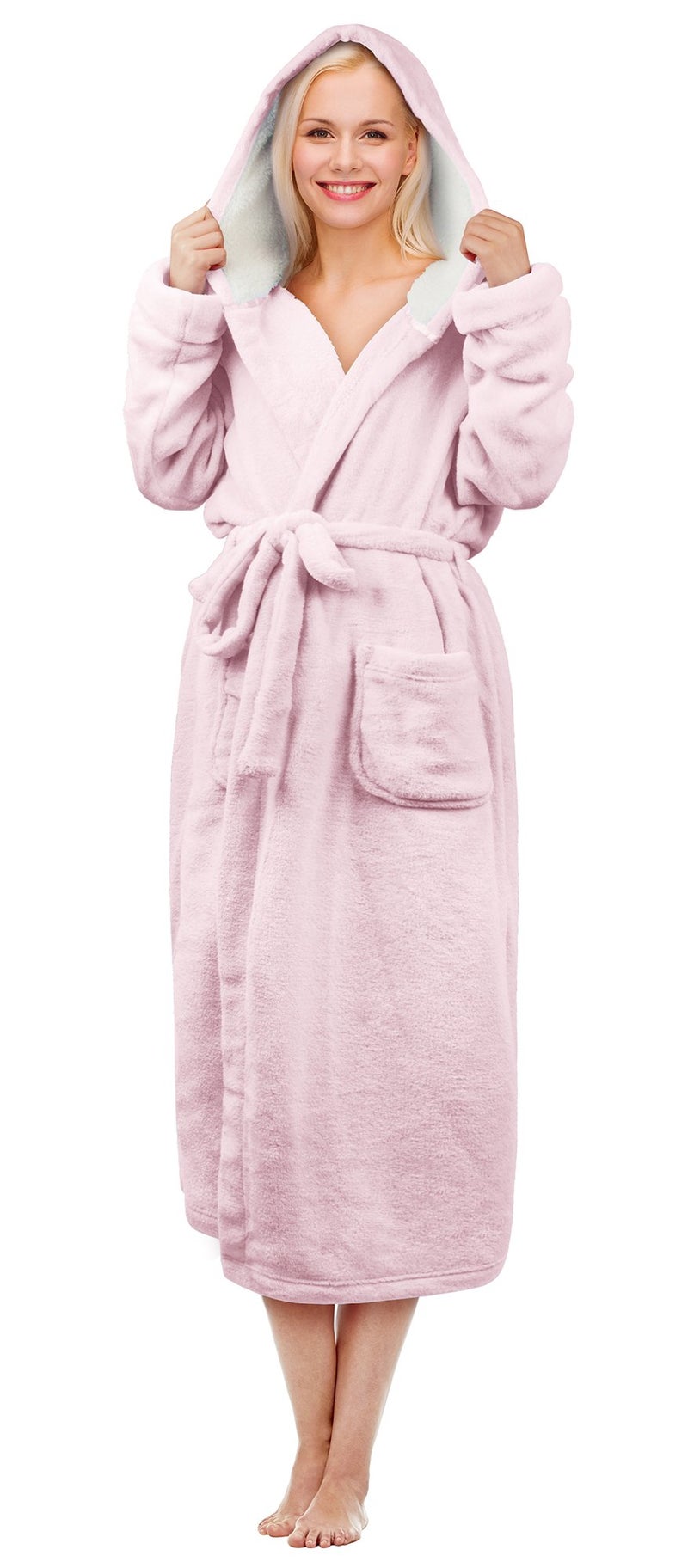 Tirrinia Hooded Sherpa Robe Long Plush Fuzzy Bathrobe for Women with Hood Sherpa Lined Pink