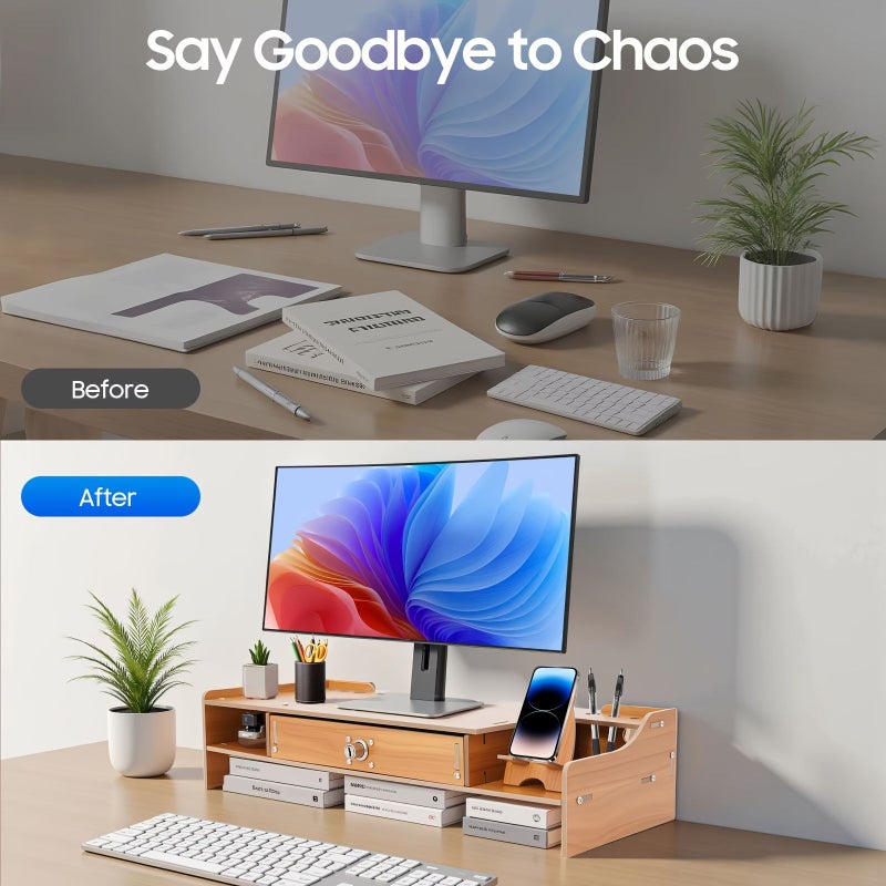 Cherry Wood Monitor Stand With Drawer Desk Organizer Riser for Laptop PC - Image 5