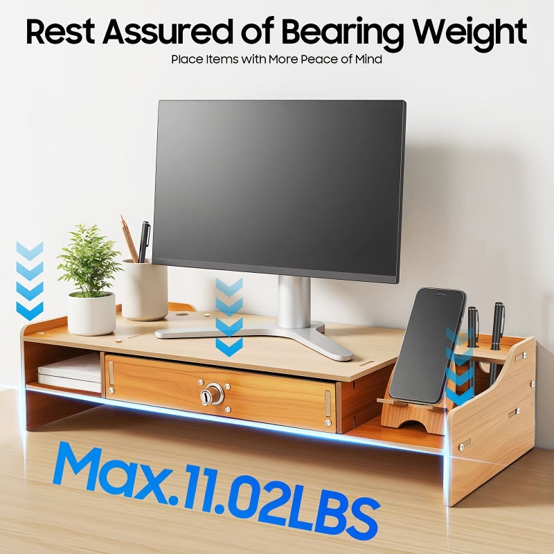 Cherry Wood Monitor Stand With Drawer Desk Organizer Riser for Laptop PC - Image 3
