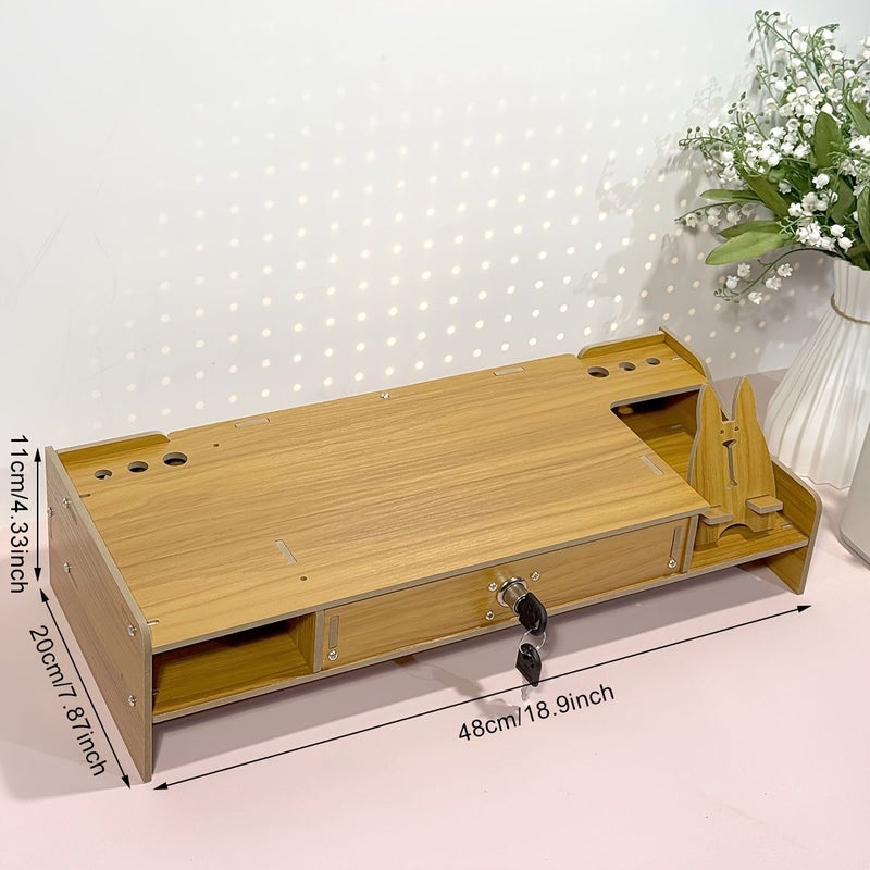 Cherry Wood Monitor Stand With Drawer Desk Organizer Riser for Laptop PC - Image 4