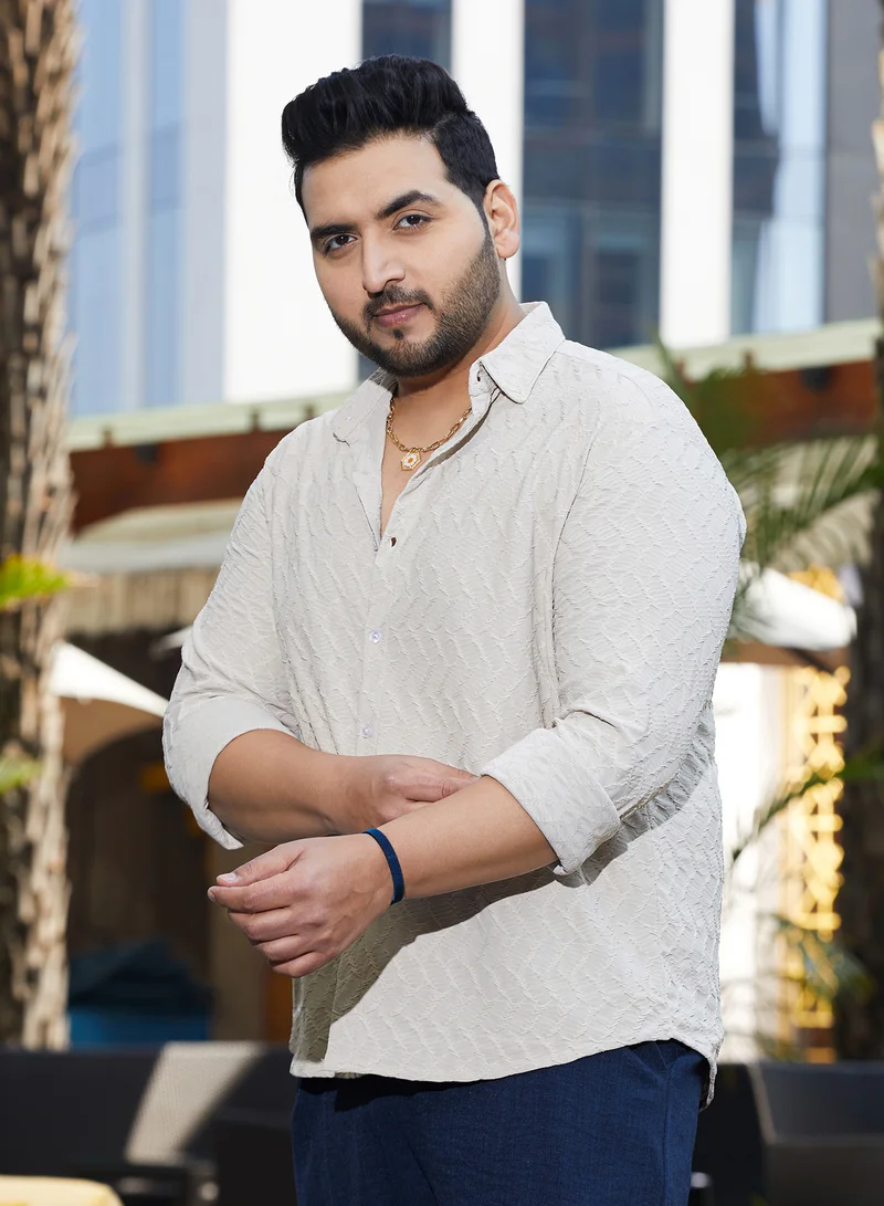 Instafab Plus Instafab Plus Men's Saltbox Beige Herringbone-Tactile Shirt For Casual Wear | Spread Collar | Long Cuffed Sleeves | Button Closure | Plus Size Shirt Crafted With Comfort Fit For Everyday Wear