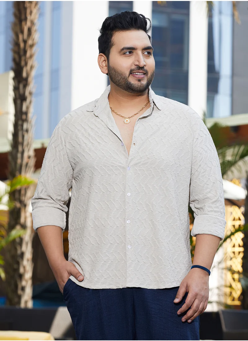 انستافاب بلس Instafab Plus Men's Saltbox Beige Herringbone-Tactile Shirt For Casual Wear | Spread Collar | Long Cuffed Sleeves | Button Closure | Plus Size Shirt Crafted With Comfort Fit For Everyday Wear