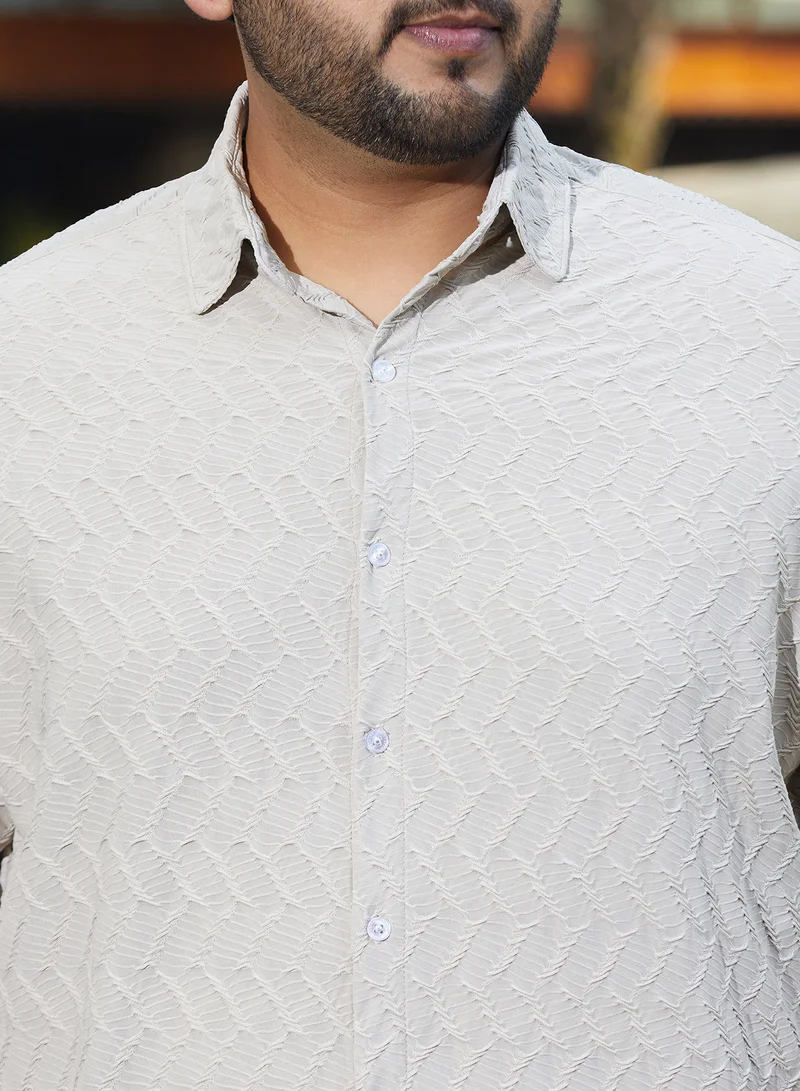 Instafab Plus Instafab Plus Men's Saltbox Beige Herringbone-Tactile Shirt For Casual Wear | Spread Collar | Long Cuffed Sleeves | Button Closure | Plus Size Shirt Crafted With Comfort Fit For Everyday Wear