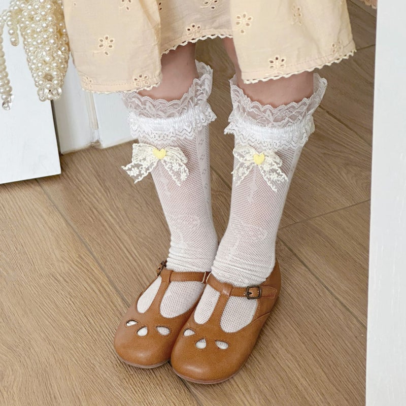 Summer Breathable Mid-Calf Socks for Girls with Lace Heart Butterfly, Lolita Style Children Socks - Image 2