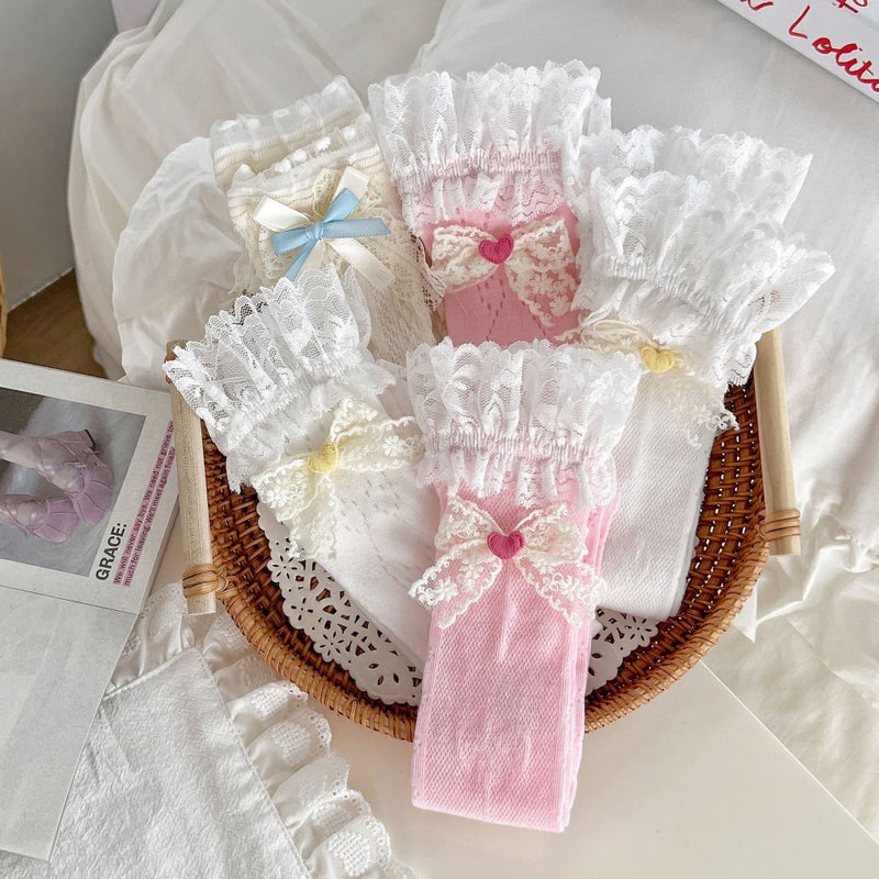Summer Breathable Mid-Calf Socks for Girls with Lace Heart Butterfly, Lolita Style Children Socks - Image 1