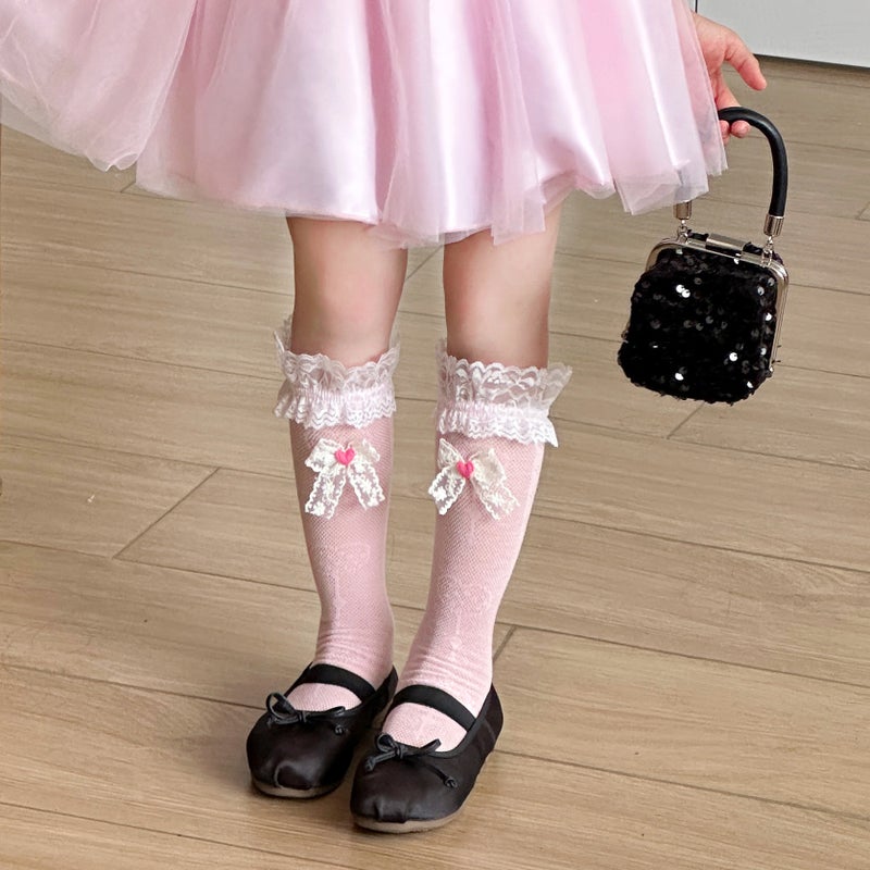 Summer Breathable Mid-Calf Socks for Girls with Lace Heart Butterfly, Lolita Style Children Socks - Image 4