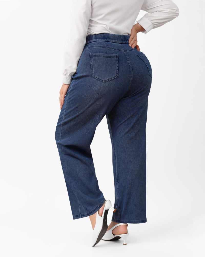 TONIRY Plus Size Jeans for Curvy Women, Plus Size Wide Leg Pull on Dark Blue Denim Jeans Stretchy Elastic High Waisted Straight Leg Pants Tummy Control, Dark Blue, 2XL - Image 2