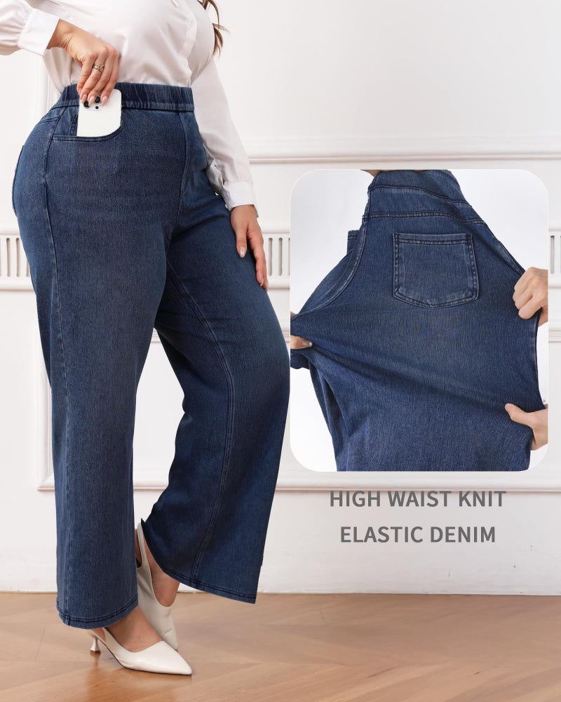 TONIRY Plus Size Jeans for Curvy Women, Plus Size Wide Leg Pull on Dark Blue Denim Jeans Stretchy Elastic High Waisted Straight Leg Pants Tummy Control, Dark Blue, 2XL - Image 4