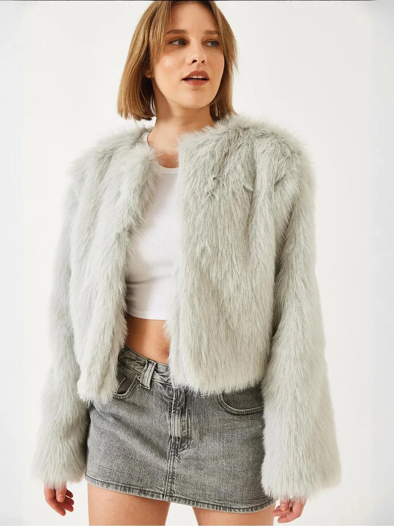 Bianco Lucci Light Grey LUCCI Boxy Crop Faux Fur Coat for Women | Best Price UAE