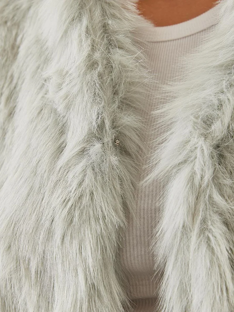 Bianco Lucci Light Grey LUCCI Boxy Crop Faux Fur Coat for Women | Best Price UAE
