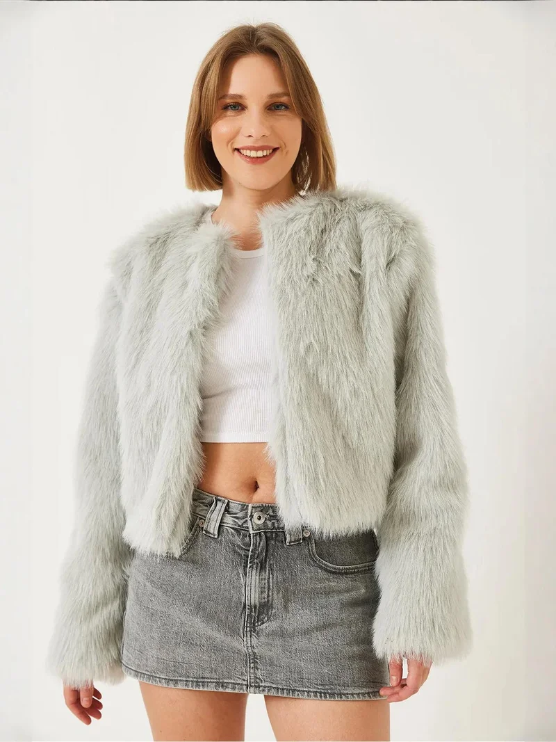 Bianco Lucci Light Grey LUCCI Boxy Crop Faux Fur Coat for Women | Best Price UAE