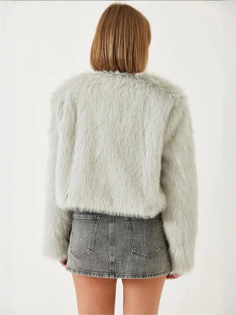 Bianco Lucci Light Grey LUCCI Boxy Crop Faux Fur Coat for Women | Best Price UAE
