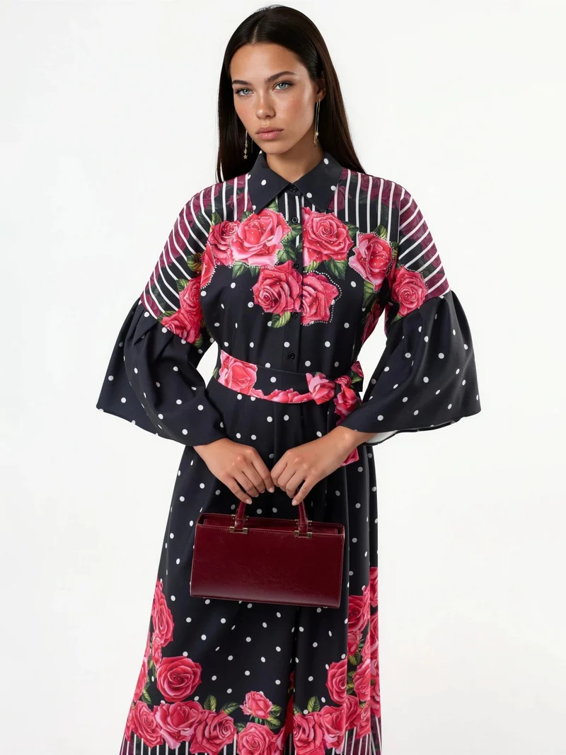 جينيفر Floral Maxi Dress with Shirt Collar and Button Closure