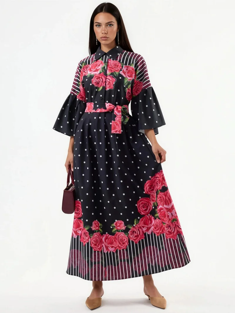 جينيفر Floral Maxi Dress with Shirt Collar and Button Closure