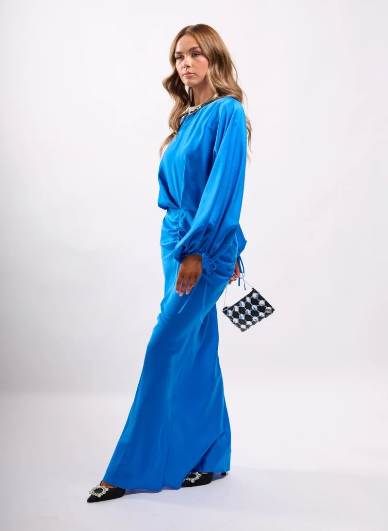 Faia royal blue Blue Satin Maxi Dress with Balloon Sleeves for Women | Best Price UAE