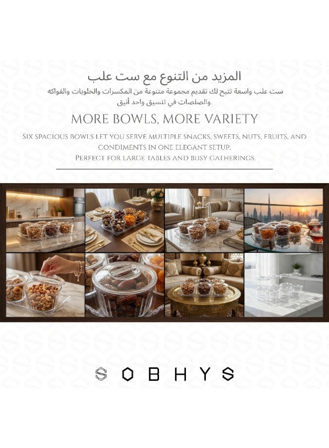 SOBHYS Acrylic 6-Bowl Hosting Set with Clear Lids & Serving Tray – Premium Snack Display for Dates, Nuts, Sweets & Condiments – Elegant Family & Majlis Serving Design - SOBHYS - Image 3