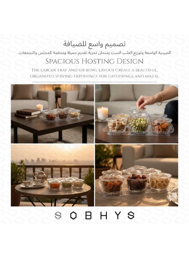 SOBHYS Acrylic 6-Bowl Hosting Set with Clear Lids & Serving Tray – Premium Snack Display for Dates, Nuts, Sweets & Condiments – Elegant Family & Majlis Serving Design - SOBHYS - Image 5