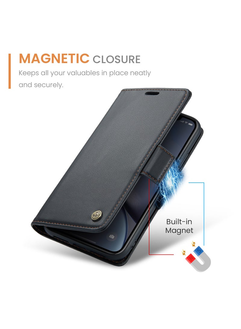 Flip Wallet Case for Apple iPhone XR, Leather Magnetic Attachment Flip Case Black  - Image 3