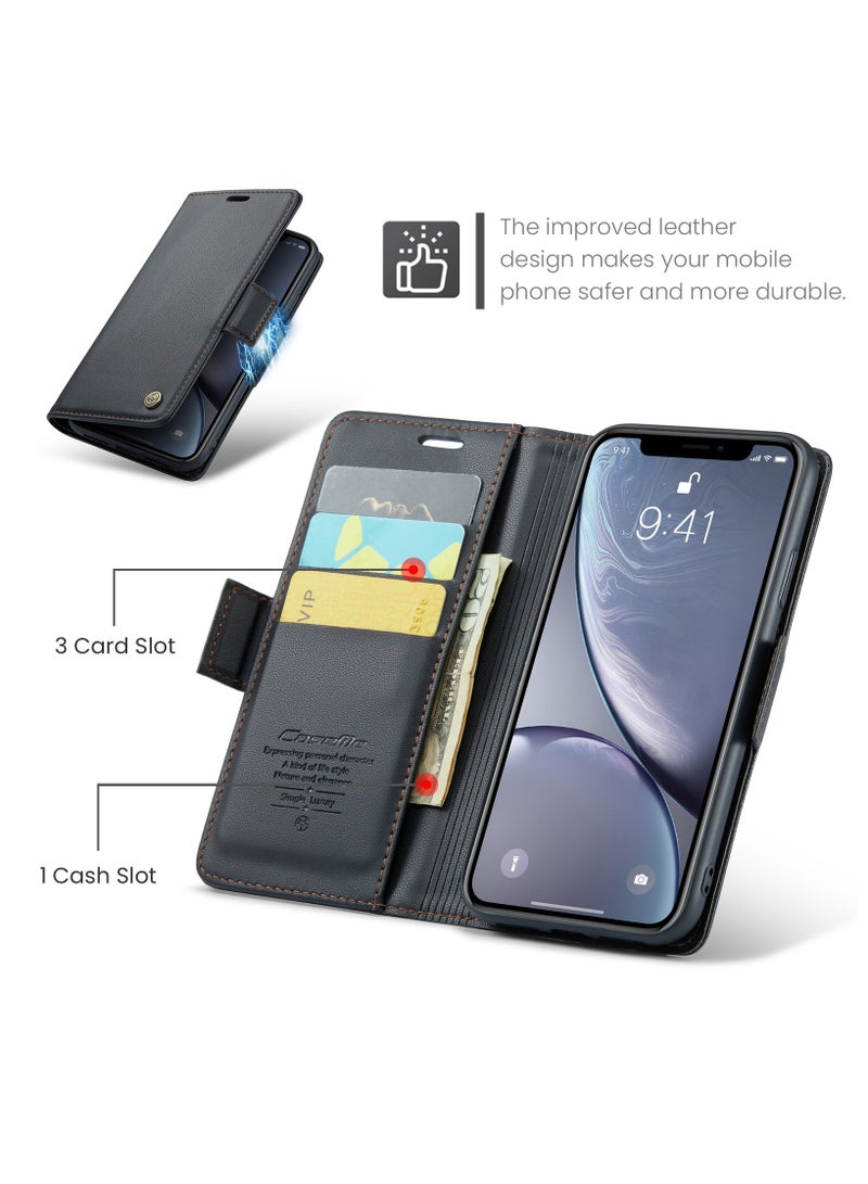 Flip Wallet Case for Apple iPhone XR, Leather Magnetic Attachment Flip Case Black  - Image 2