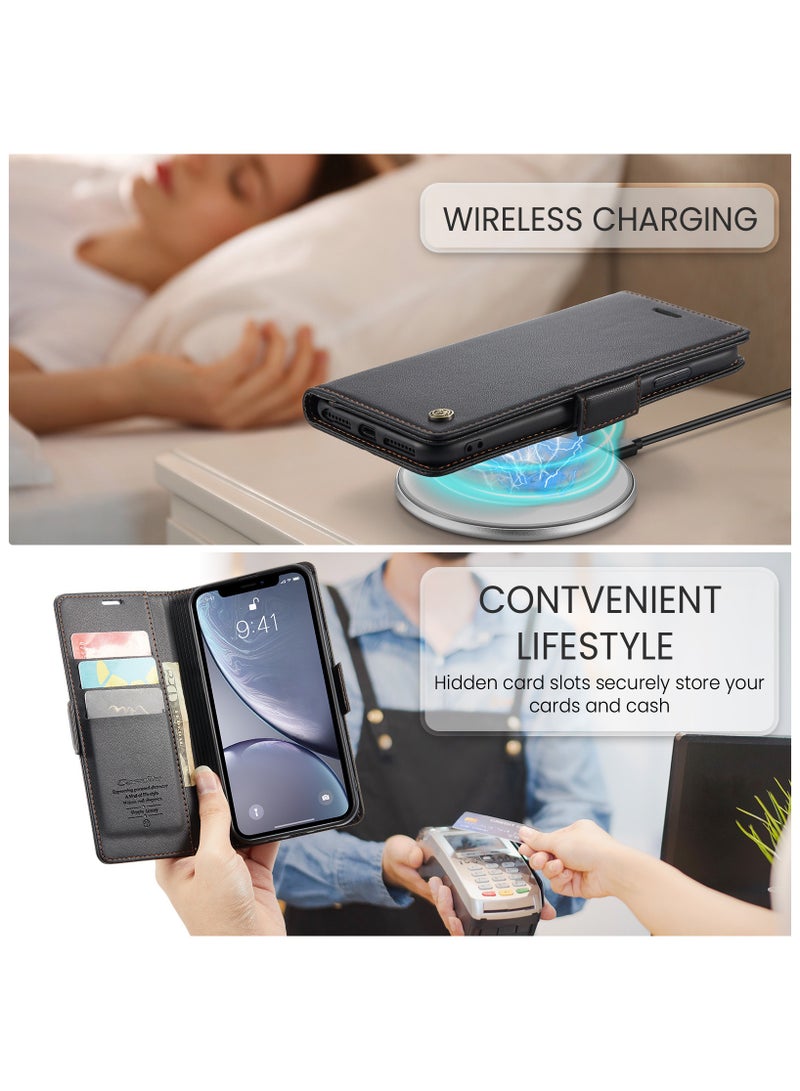 Flip Wallet Case for Apple iPhone XR, Leather Magnetic Attachment Flip Case Black  - Image 5