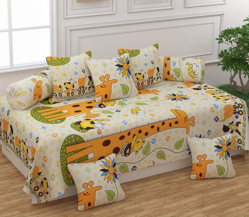 LOPUNNY LOPUNNY Beautiful 240 TC 100 Microfiber Elegant Design Giraffe Cartoon Pattern Diwan Set with 8 Pieces One Single Bed Sheet with 5 Cushions Covers and 2 Bolster Covers Cream Yellow  - Image 1