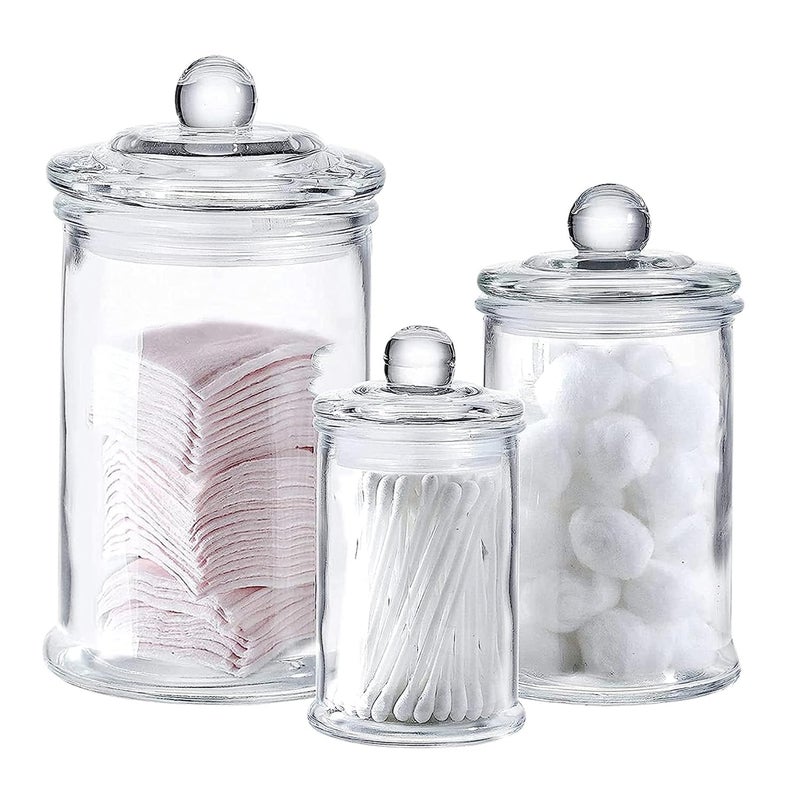 WHOLE HOUSEWARES Whole Housewares  Set of 3 Bathroom Canisters  Storage Container Jars  Premium Glass Apothecary Jars with Lids  Small Glass Jar for Kitchen or Bathroom Storage  Decorative Crystal Containers 