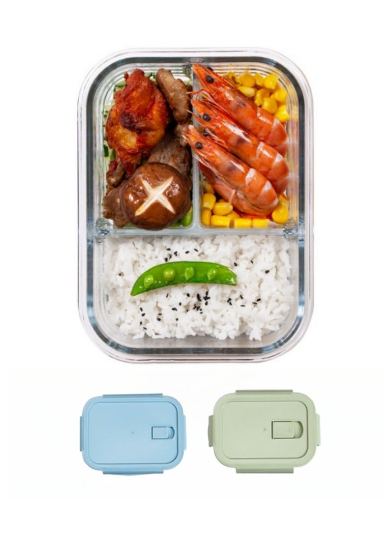 JINFANLI 2 - Piece Divided Glass Lunch Boxes - Leak - Proof, Microwave Safe for Students & Office (960ml 3 - Compartment, Sapphire Blue & Matcha Green)  - Image 1