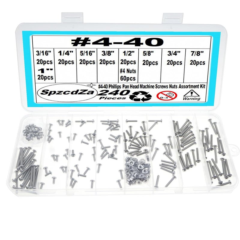 SpzcdZa 240 Pieces #4-40 Phillips Pan Head Machine Screws Nuts Assortment Kit, Coarse Thread, Fully Machine Threaded, 304 Stainless Steel - Image 1