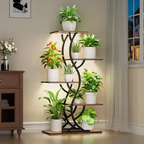 EVAWOO Plant Stand Indoor with Grow Lights - 44" Tall Corner Plant Stands for Indoor Plants, 5 Tiered Metal Plant Shelf, Curved Plant Flower Holder Dispaly Rack for Living Room, Home Patio Balcony (Black) - Image 1