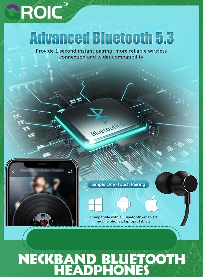 GROIC Neckband Bluetooth Headphones, 100H Extra Long Playtime Wireless Stereo Neckband Earbuds with Microphone, Waterproof Balanced Armature Drivers in Ear Headset for Sports/Workout  - Image 3