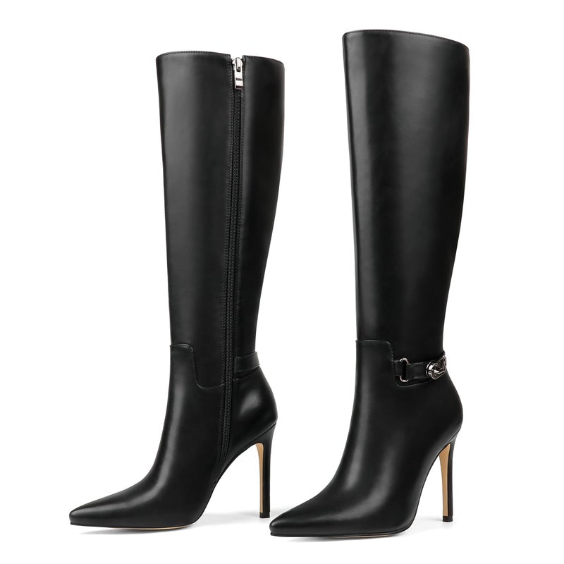 COLETER Women's Knee High Boots Pointed Toe Stiletto Buckle Dress Boots Zipper Heeled Boots Matte Black 9.5US - Image 1