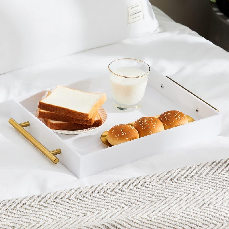 KEVJES Glossy White Acrylic Lucite Serving Tray with Metal HandlesNo Need to Assemble11x14 InchDecorative Storage Organizer with SpillProof DesignServing for CoffeeBreakfastDinner and More - Image 3