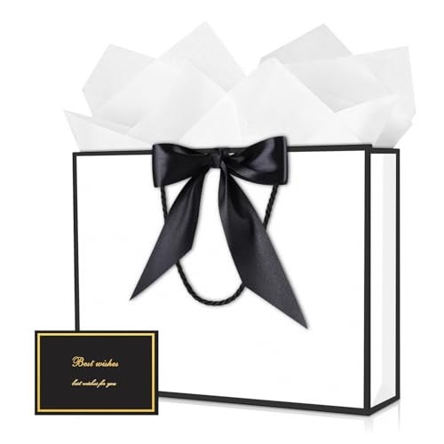 JMANNI Gift Bags with Handles 13 Medium Gift Bag for Presents 1 Pcs Bags with 2 Tissue Paper and 1 Cards for Graduation Baby Shower Wedding Fathers Day Mothers Day Birthday Partywhiteblack - Image 1
