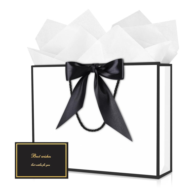JMANNI Gift Bags with Handles 13 Medium Gift Bag for Presents 1 Pcs Bags with 2 Tissue Paper and 1 Cards for Graduation Baby Shower Wedding Fathers Day Mothers Day Birthday Partywhiteblack - Image 2