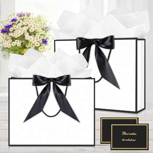 JMANNI Gift Bags with Handles 13 Medium Gift Bag for Presents 1 Pcs Bags with 2 Tissue Paper and 1 Cards for Graduation Baby Shower Wedding Fathers Day Mothers Day Birthday Partywhiteblack - Image 3