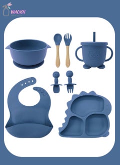 WAOKN 8Pcs Baby Silicone Tableware Set Special For Infants To Eat Their Own Training Tableware Set Including Complementary Food Bowl Sippy Cup Dinner Plate Bib Fork And Spoon(Dark Blue)  - Image 1