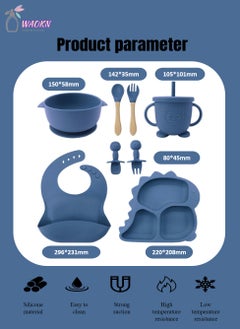 WAOKN 8Pcs Baby Silicone Tableware Set Special For Infants To Eat Their Own Training Tableware Set Including Complementary Food Bowl Sippy Cup Dinner Plate Bib Fork And Spoon(Dark Blue)  - Image 2